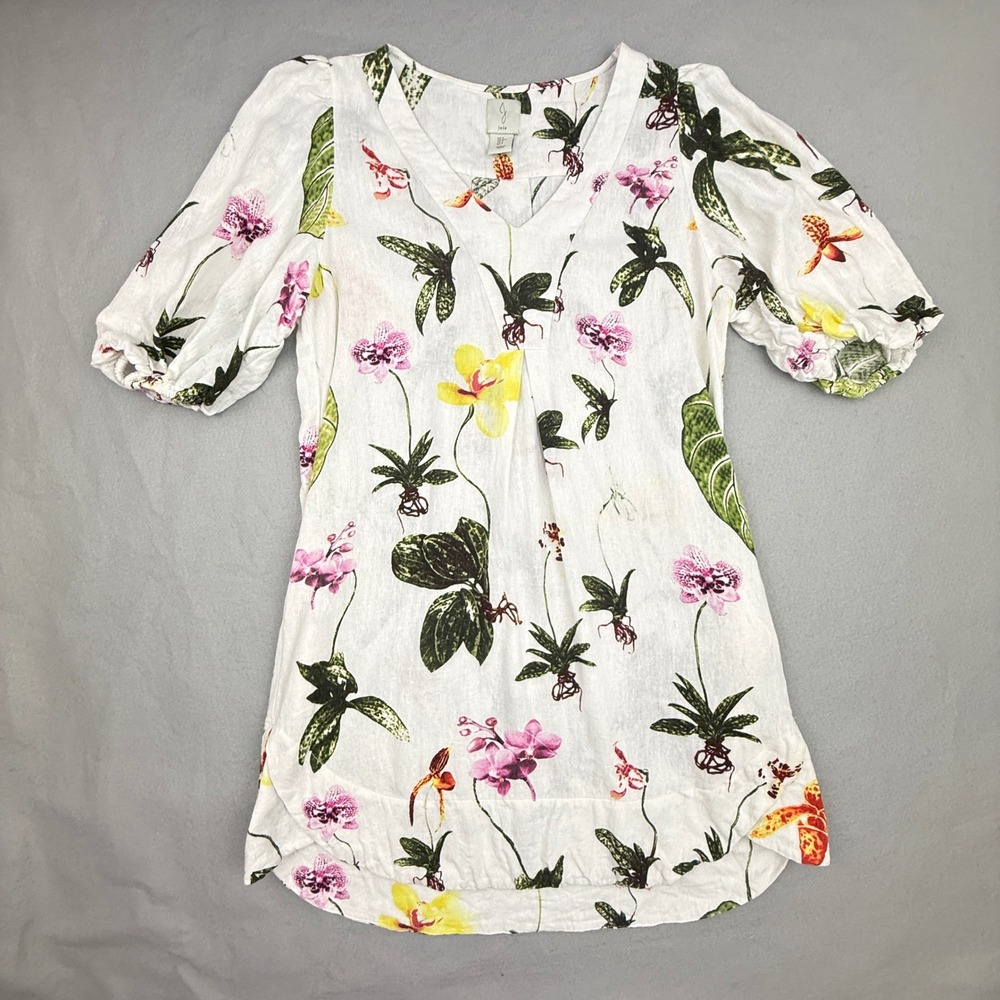 Joie Botanical Linen Blend Printed Puff Sleeve Mini Dress Tropical Women's Small